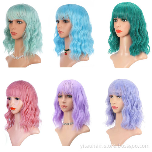 Hair Heat Resistant Fiber Short Wavy Wig with Bangs Synthetic Wigs for Women Blue Black Red Burgundy Natural Hair Bob Wig Daily